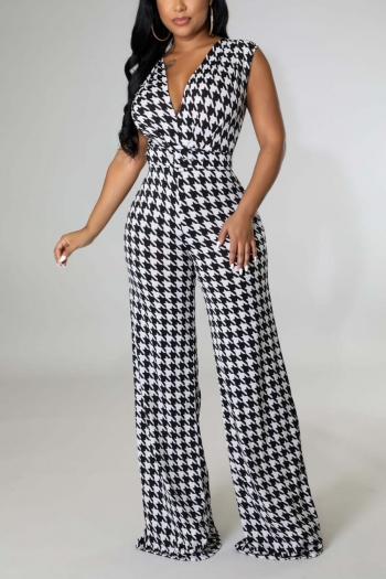 s-2xl summer new plus size allover houndstooth batch printing stretch deep v wide-leg floor length stylish jumpsuit with belt