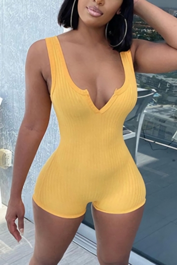 summer new 5 colors solid color ribbed knit stretch low-cut notched-neck stylish skinny playsuit