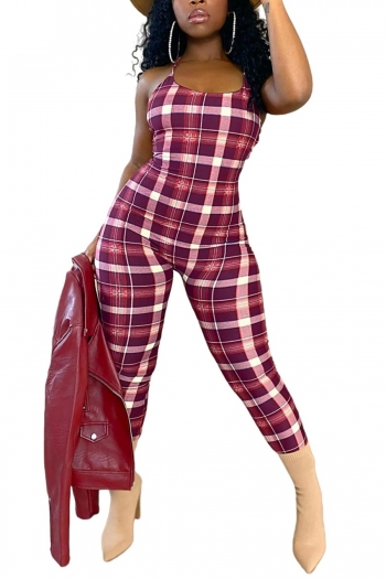 s-2xl plus size summer new stylish stretch plaid printing halter-neck lace-up backless slim sexy jumpsuit