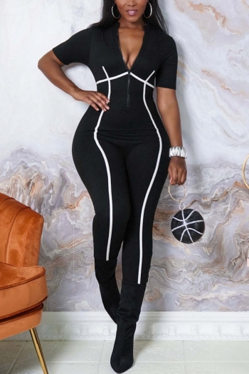 plus size summer casual tight zip-up short sleeve micro-elastic jumpsuit