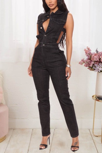 s-2xl summer new plus size solid color micro-elastic single-breasted turndown collar hollow side stylish denim jumpsuit