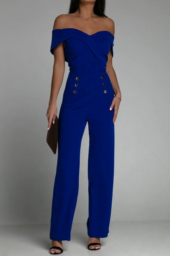 summer new solid color stretch off-the-shoulder double-breasted backless zip-up fashion jumpsuit