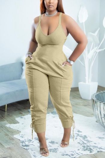 S-2XL plus size summer new 5 colors solid color stretch sling backless zip-up pocket drawstring slim sexy jumpsuit
