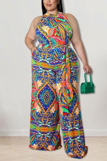 xl-5xl plus size summer new multi-colored batch printing pockets round neck sleeveless wide leg stylish with belt casual jumpsuit