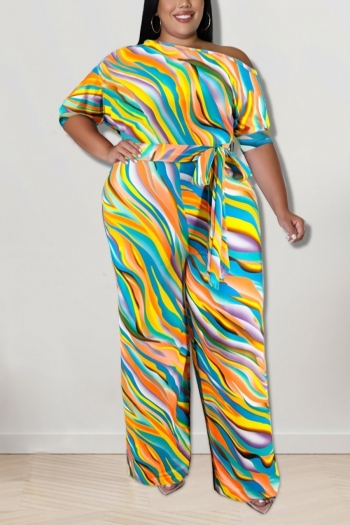 xl-5xl plus size summer new multicolor irregular stripe batch printing elbow sleeves inelastic jumpsuit with belt