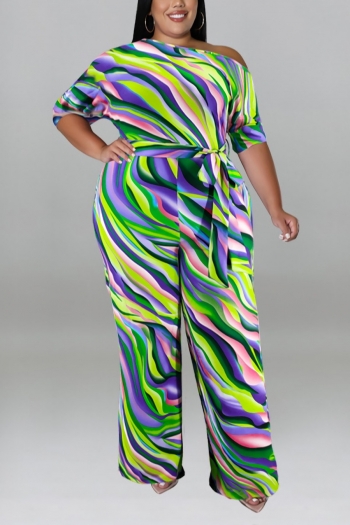 xl-5xl plus size summer new stylish multicolor batch printing back pleated design inelastic casual jumpsuit with belt