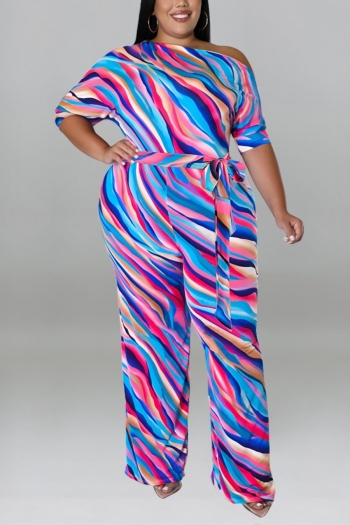 xl-5xl plus size new elbow sleeves inelastic irregular stripe batch printing casual jumpsuit with belt