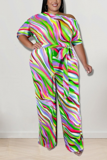 xl-5xl plus size new multicolor batch printing inelastic elbow sleeves straight pants stylish casual jumpsuit with belt