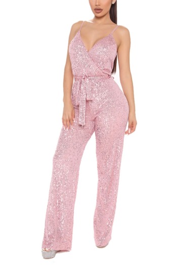 s-2xl summer new plus size 4 colors sequin decor stretch backless adjustable straps zip-up sexy jumpsuit with belt