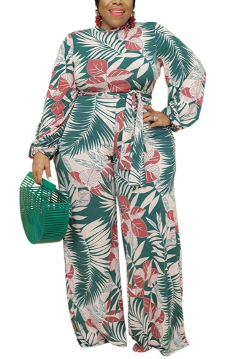 xl-5xl spring plus size multicolor leaf batch printing stretch wide-leg zip-up back floor length stylish casual jumpsuit with belt