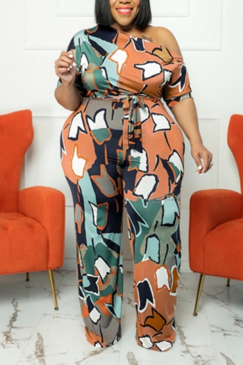 xl-5xl summer new plus size 5 colors batch printing stretch oblique shoulder wide-leg elbow sleeves stylish casual jumpsuit with belt