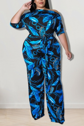 xl-5xl summer new plus size two colors leaf & chain batch printing stretch oblique shoulder wide-leg elbow sleeves stylish casual jumpsuit with belt