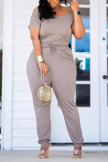 s-4xl summer new plus size three colors solid color stretch boat-neck tie-waist pockets stylish casual jumpsuit