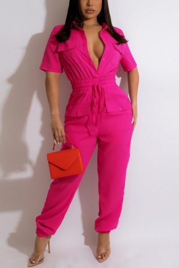 s-2xl plus size spring new stylish 4 colors solid color stretch single-breasted pocket lace-up casual jumpsuit