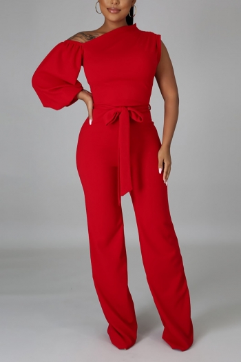 s-2xl spring & summer new plus size 3 colors solid color stretch one shoulder one sleeve wide-leg zip-up stylish jumpsuit with belt