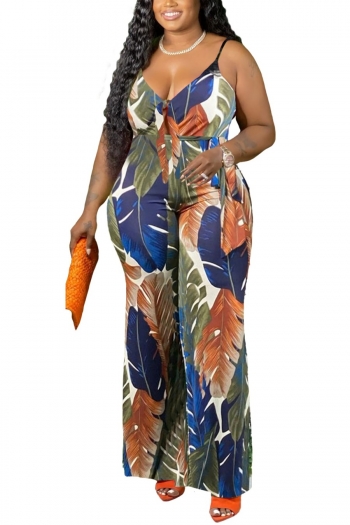 xl-4xl summer new plus size multicolor leaf batch printing stretch backless low-cut lace-up sling wide-leg stylish jumpsuit