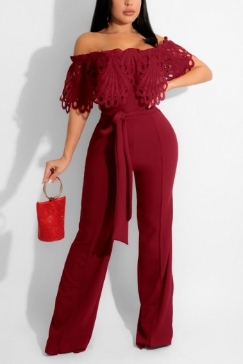 summer new 3 colors solid color stretch off the shoulder cutout ruffle tie-waist stylish jumpsuit