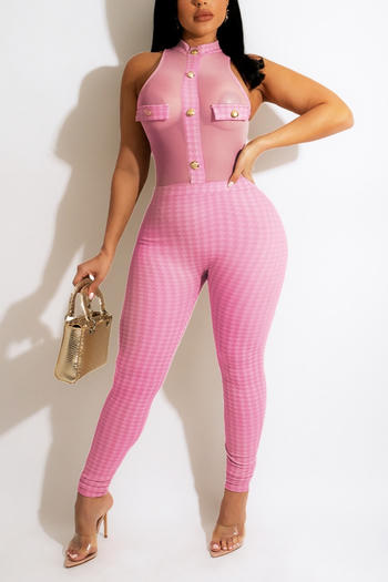 s-2xl summer new plus size 3 houndstooth printing see through mesh patchwork stretch button decor zip-up back sexy jumpsuit
