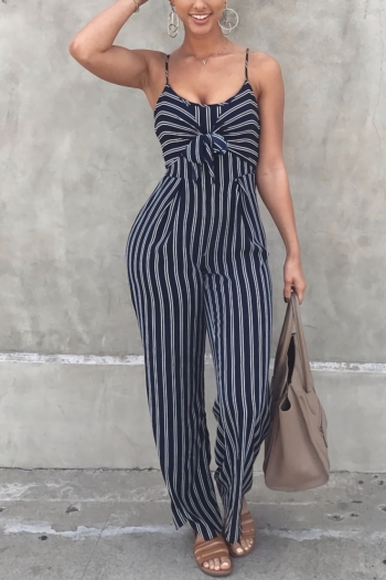 s-2xl summer new plus size stripe printing micro-elastic sling hollow bowknot stylish jumpsuit