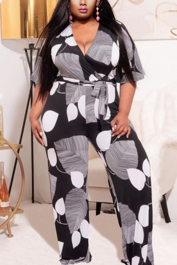 l-4xl plus size summer new stylish stretch leaf printing v-neck with belt casual jumpsuit