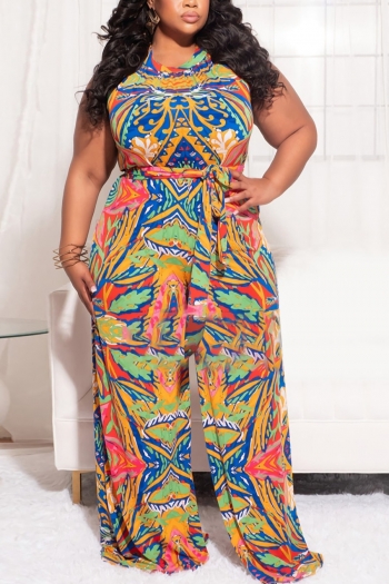 XL-5XL summer new plus size three colors batch printing stretch sleeveless pockets with belt wide-leg floor length stylish jumpsuit