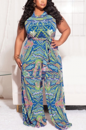 XL-5XL summer new plus size three colors batch printing stretch sleeveless pockets with belt wide-leg floor length stylish jumpsuit