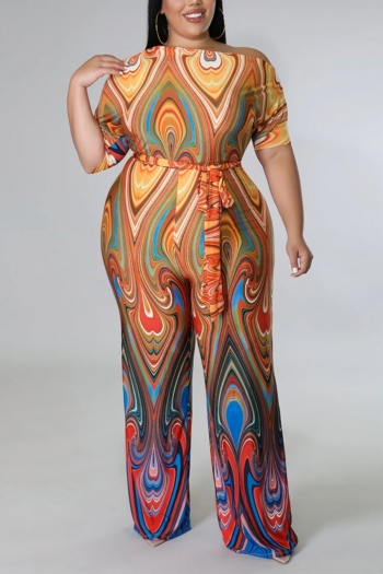 l-4xl summer new plus size ethnic style batch printing stretch one shoulder elbow sleeves with belt wide leg casual jumpsuit