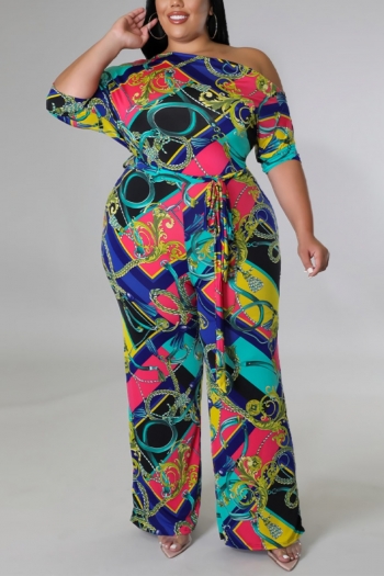 l-4xl summer new plus size ethnic style multicolor batch printing stretch one shoulder elbow sleeves with belt wide leg casual jumpsuit
