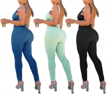 S-2XL summer new plus size 3 colors solid color stretch backless zip-up sexy skinny jumpsuit