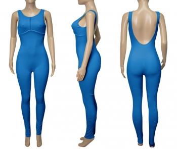 S-2XL summer new plus size 3 colors solid color stretch backless zip-up sexy skinny jumpsuit