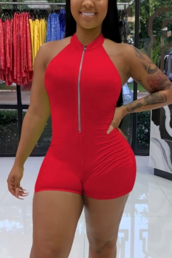 Summer new 3 colors stretch solid color sleeveless zip-up slim stylish playsuit