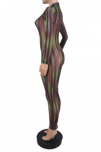 S-2XL spring & summer new geometric pattern printing see through mesh stretch zip-up back sexy skinny jumpsuit (without lining)