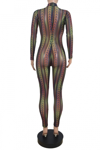 S-2XL spring & summer new geometric pattern printing see through mesh stretch zip-up back sexy skinny jumpsuit (without lining)