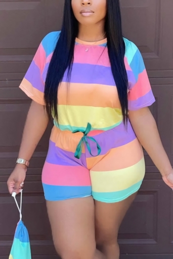 S-2XL summer new plus size multicolor stripe printing stretch tie-waist zip-up stylish casual playsuit