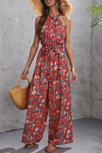 xs-l summer new inelastic floral batch printing sleeveless button hollow with belt stylish jumpsuit