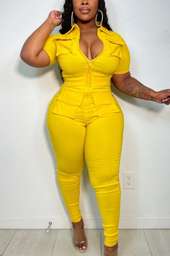 s-2xl plus size summer new 5 colors solid color stretch zip-up pocket short sleeves slim fashion jumpsuit