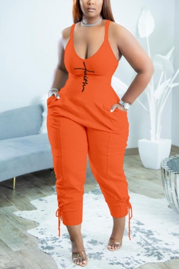 s-2xl plus size summer new 5 colors stretch letter fixed printing sling lace-up pocket stylish jumpsuit