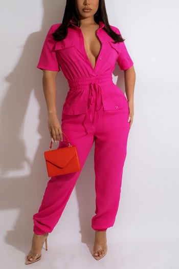 s-2xl plus size summer new stylish four colors solid color lapel button drawstring belt with pocket stretch casual jumpsuit