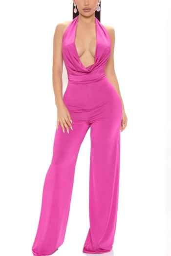 summer new 2 colors solid color stretch deep-v-neck  halter-neck lace up backless stylish sexy jumpsuit