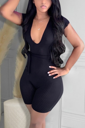 Summer new stylish two colors solid color deep v-neck short sleeve stretch slim with belt sexy playsuit
