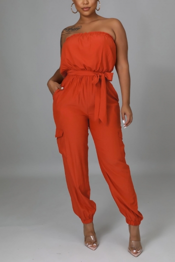 s-2xl plus size summer new stylish three colors tube design solid color shirring stretch with belt casual jumpsuit
