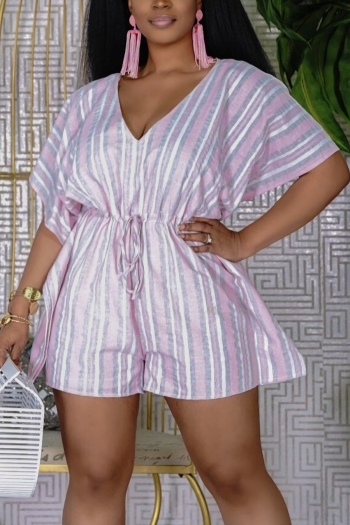s-2xl plus size summer new stylish v-neck contrast color stripe printing drawstring belt casual playsuit