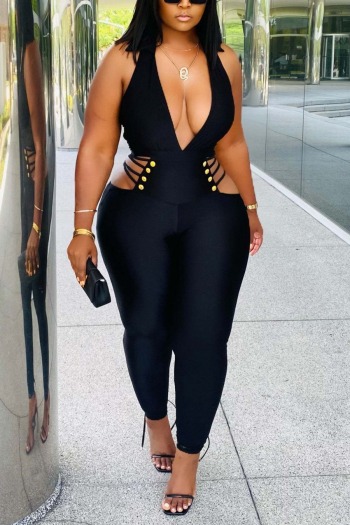 s-2xl summer new plus size 4 colors solid color stretch deep v halter-neck hollow out zip-up button decor sexy skinny jumpsuit
