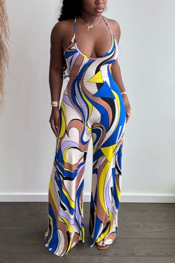 s-2xl summer new plus size 3 colors batch printing stretch backless low-cut sling wide-leg sexy jumpsuit