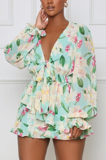 summer new stretch flower & leaf printing v-neck lace-up ruffle flared long sleeves stylish playsuit