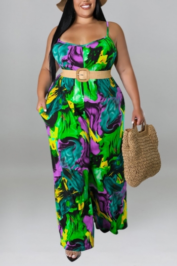 xl-5xl summer new plus size three colors batch printing high stretch sling wide-leg pockets stylish jumpsuit with belt