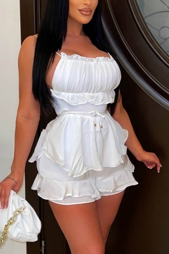 s-2xl summer new plus size two colors solid color slight stretch backless sling ruffle stylish sexy playsuit with belt