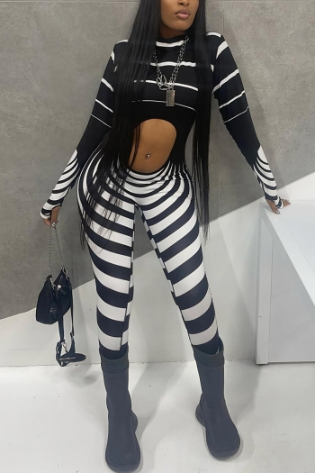 Autumn new stripe printing high stretch hollow out thumb holes zip-up back sexy skinny jumpsuit