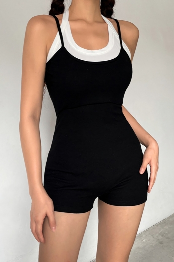 summer new stitching high stretch backless sling halter-neck lace-up zip-up stylish slim playsuit