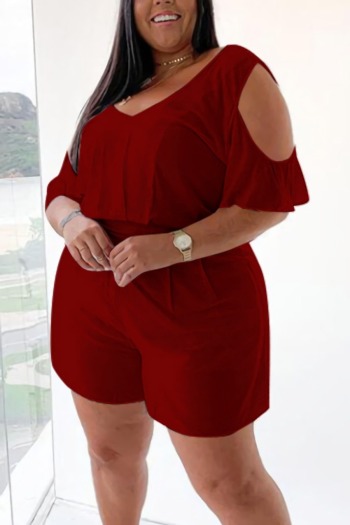 l-4xl plus size summer new 5 colors solid color stretch short sleeve v-neck hollow shirring loose stylish casual playsuit